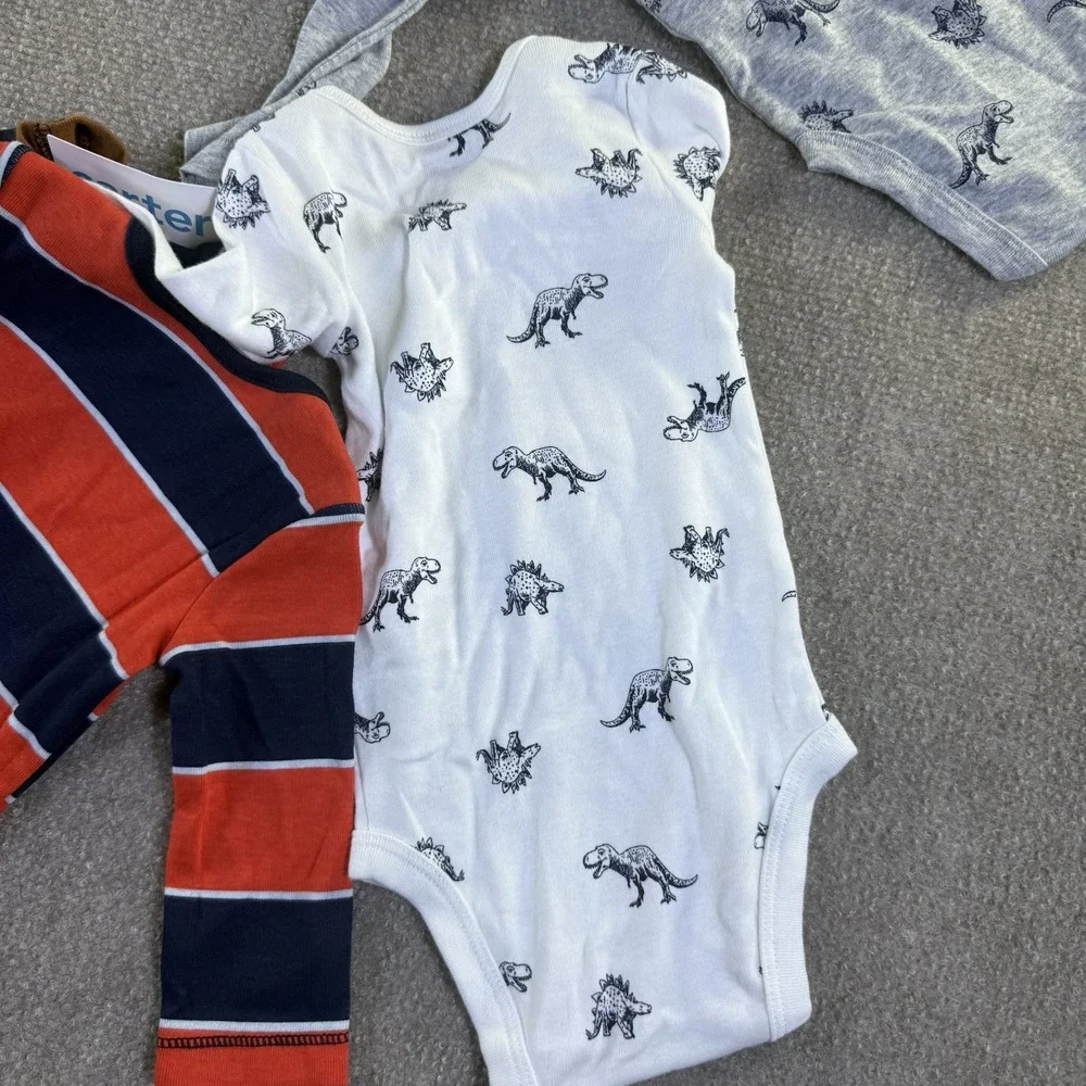 Carters Long Sleeve Bodysuits 4 Pack NWT Size 3 Months Dinos & Stripes